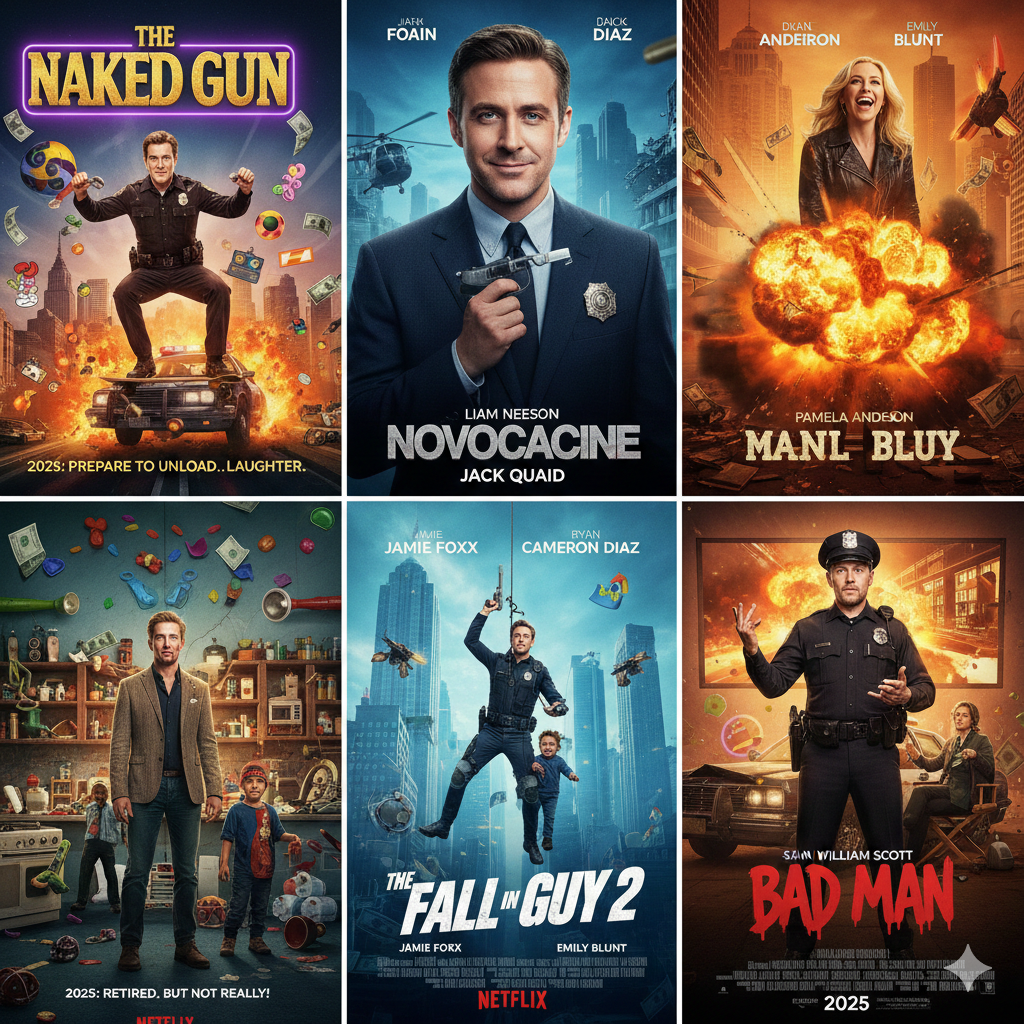 بوستر تجميعي لأفضل أفلام الأكشن الكوميدي الأجنبية لعام 2025 يضم أفلام .Bad Man, Novocaine, Naked Gun