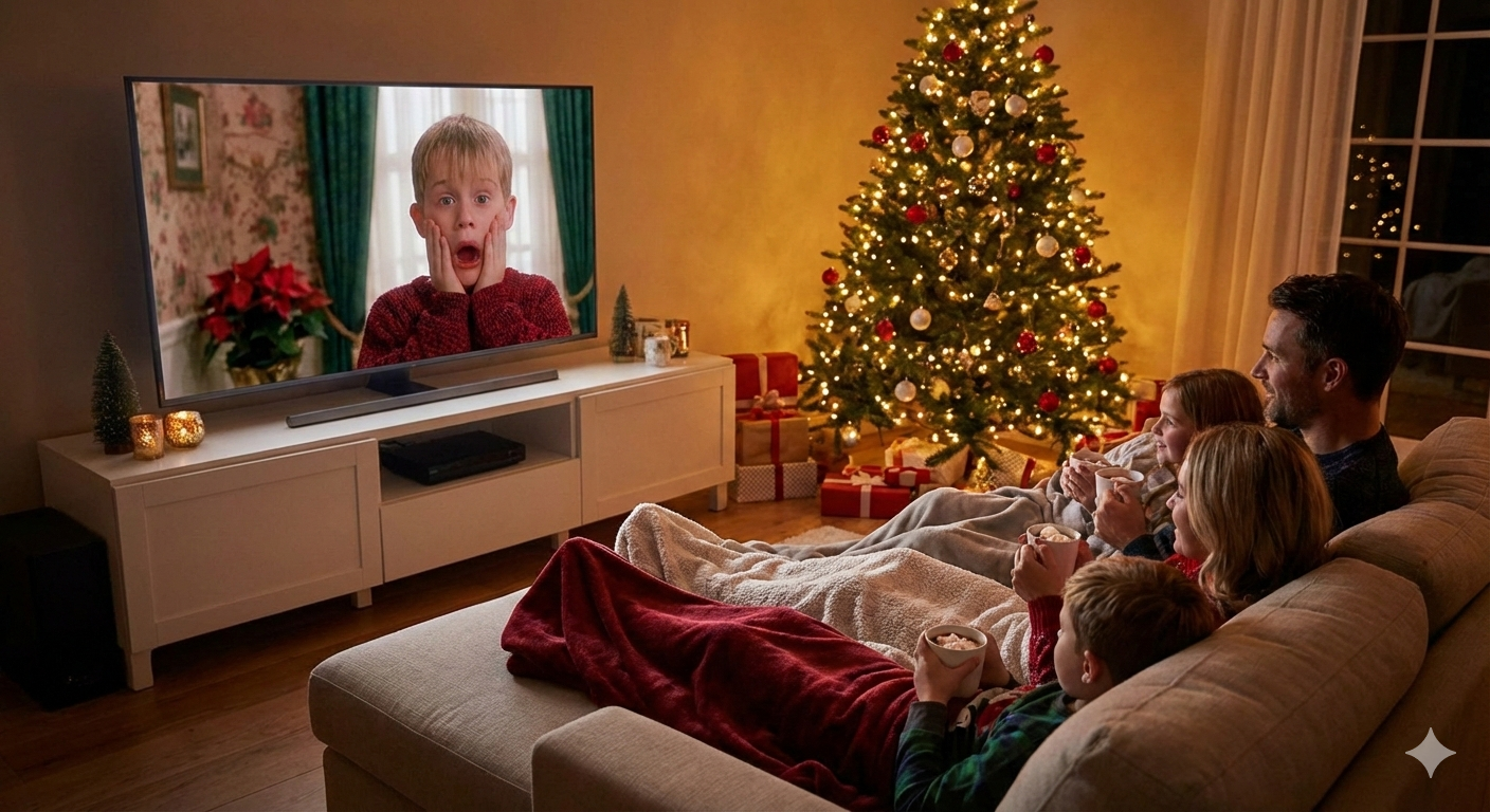 صورة بارزة لمجموعة أفضل أفلام الكريسماس تشمل Home Alone, Elf, The Polar Express, Love Actually, How the Grinch Stole Christmas مع شجرة كريسماس وهدايا وأضواء احتفالية، مناسبة للعائلة والأصدقاء.