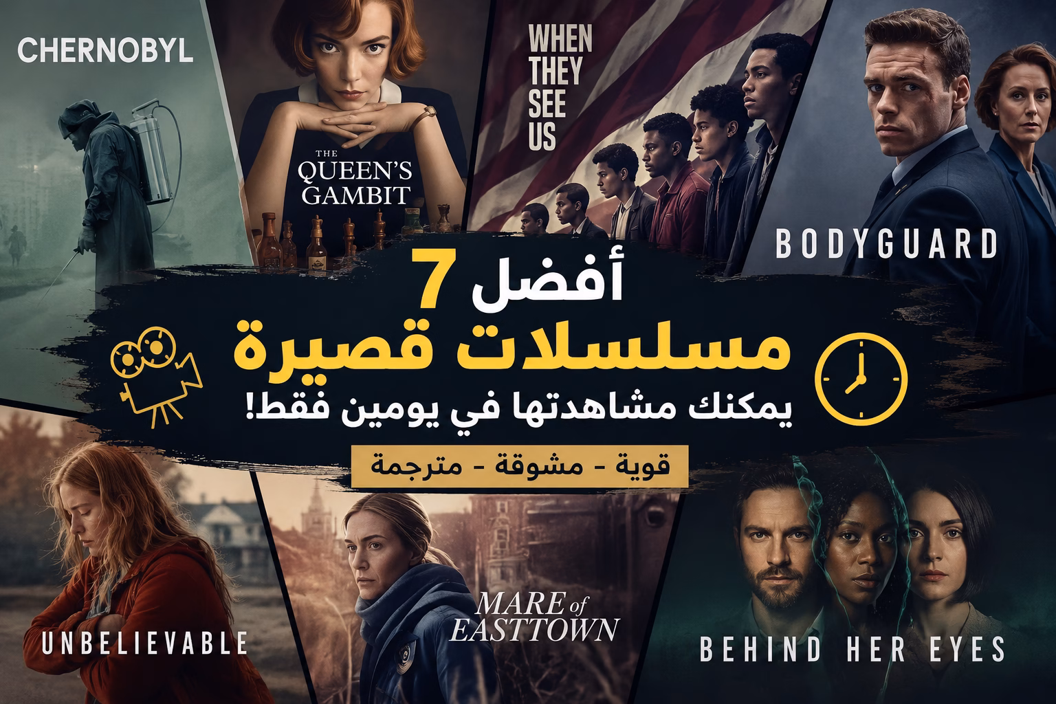 تصميم صورة بارزة لمقال يعرض أفضل 7 مسلسلات قصيرة يمكن مشاهدتها في يومين، مع صور بوسترات لمسلسلات شهيرة مثل Chernobyl وThe Queen’s Gambit وBodyguard وNetflix وHBO